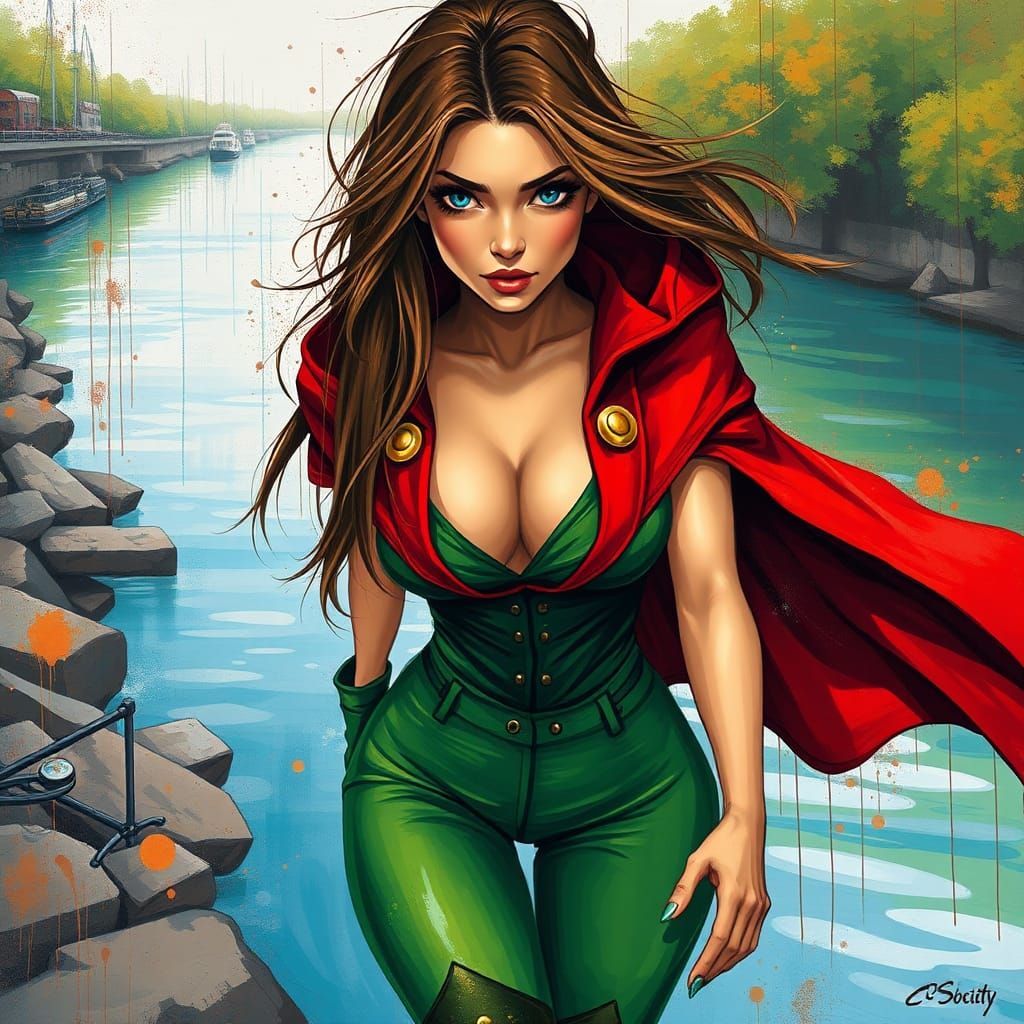 Superheroine with Red Cape as Graffiti Art