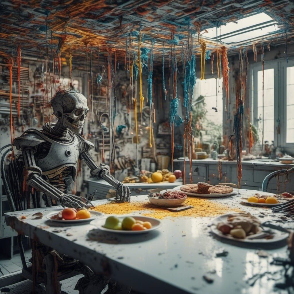 Glitch Art Breakfast: Surreal Table in Disarray