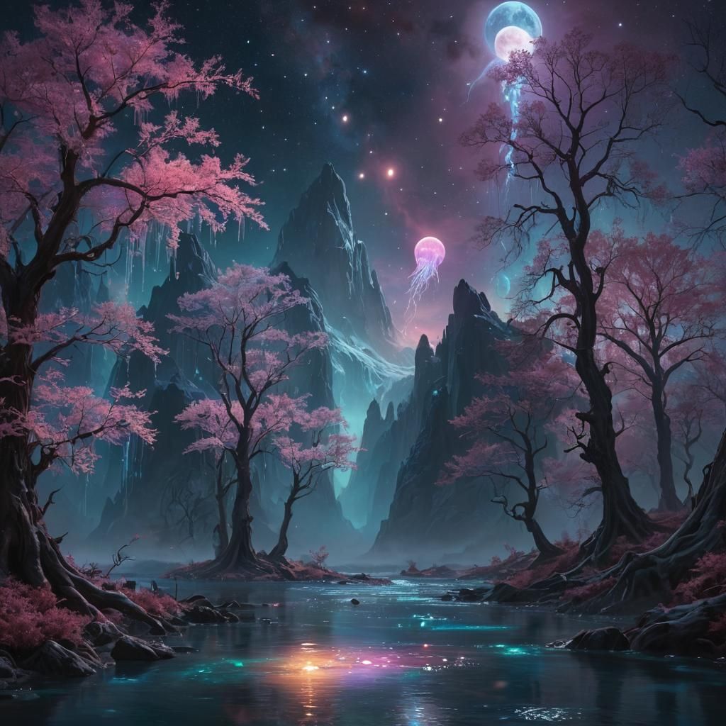 Surreal Alien Landscape with Bioluminescent Flora