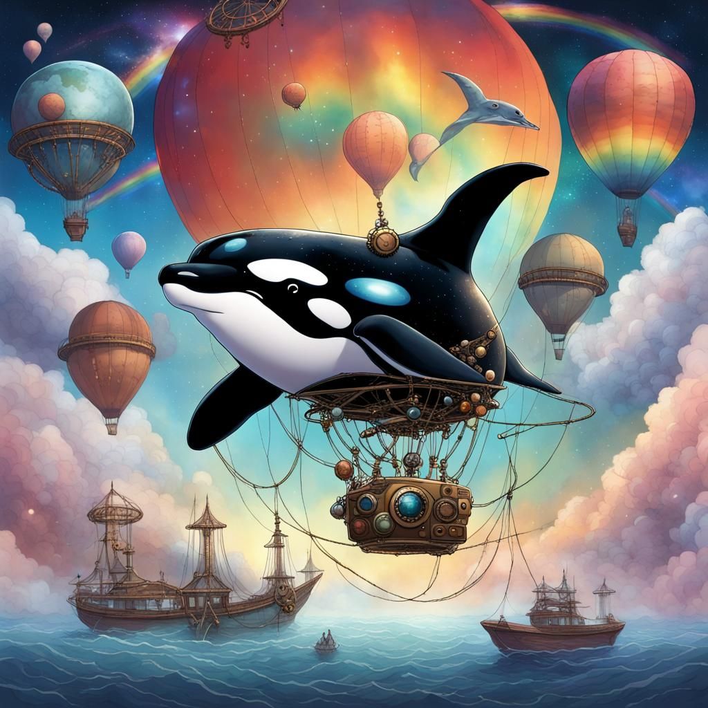 Steampunk Killer Whale Flies Through Nebula Sky