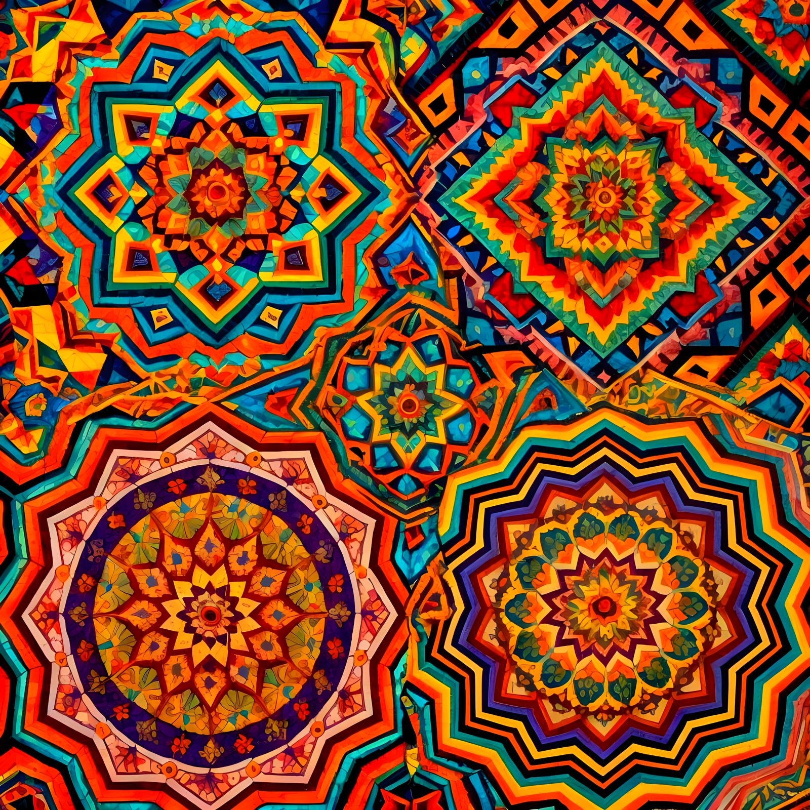 Vibrant Huichol Yarn Art Panorama with Kaleidoscopic Pattern...