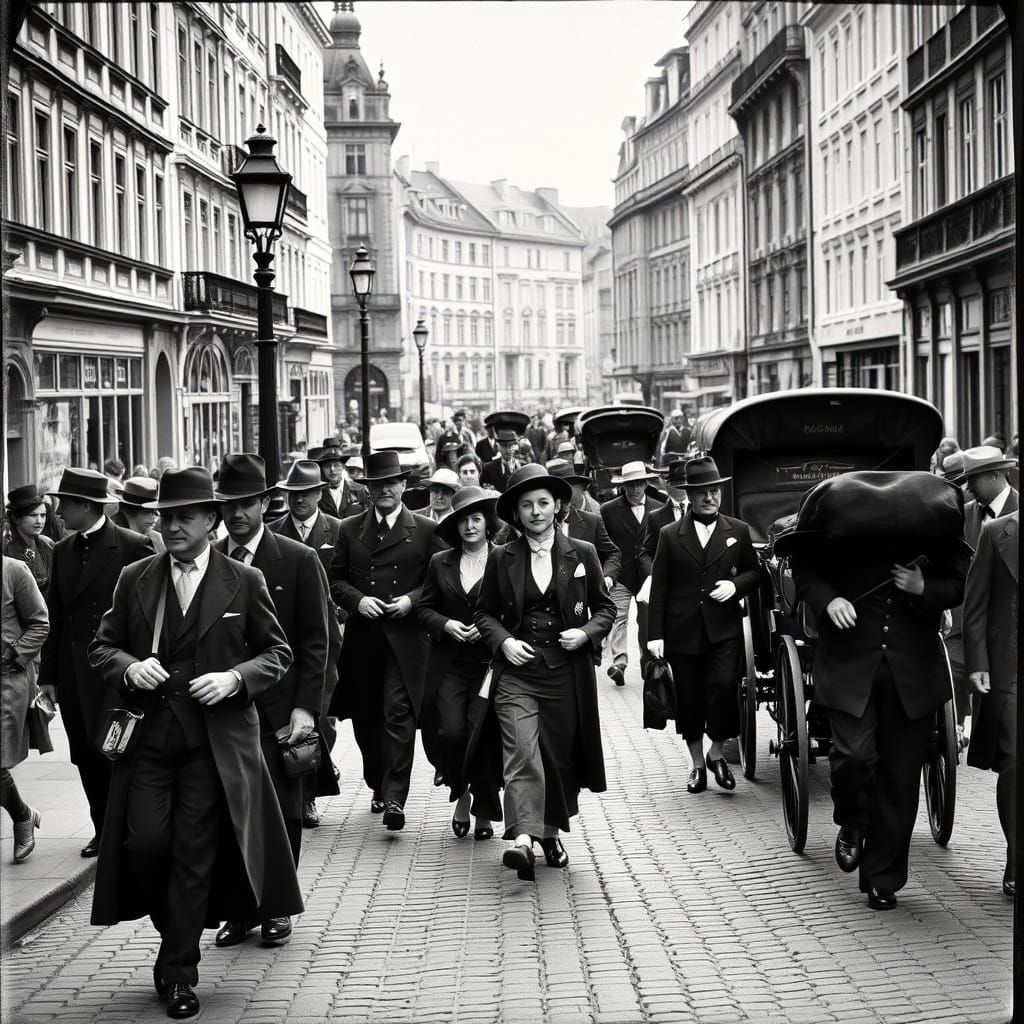 Bustling European Street Scene in Early 1900s Style