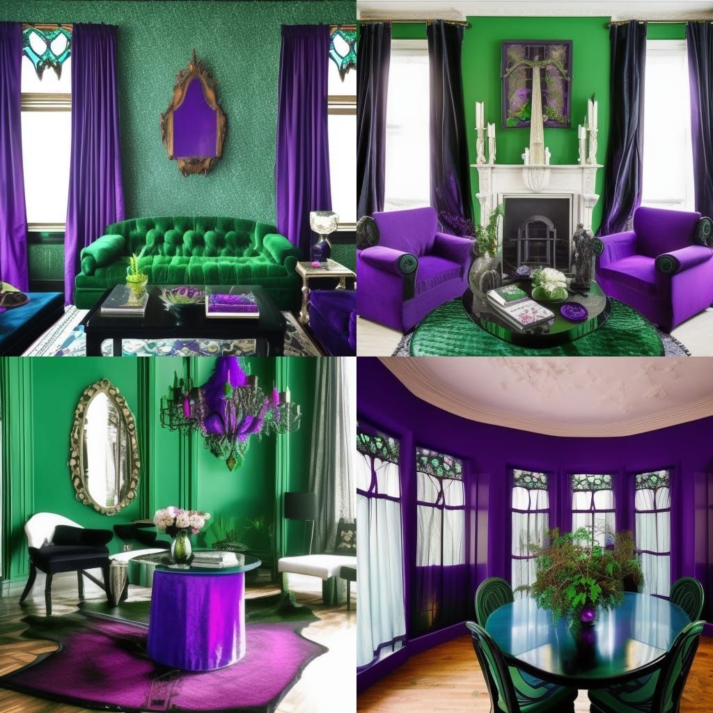 Wiccan penthouse with beautiful Emerald green walls with Black opal accents& witchy cobalt blue furniture with purple ac...