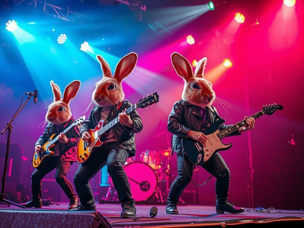 Anthropomorphic Rabbit Rock Band on Stage