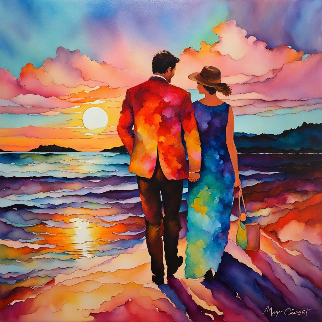 Impressionist Sunset Beach Stroll in Alcohol Ink
