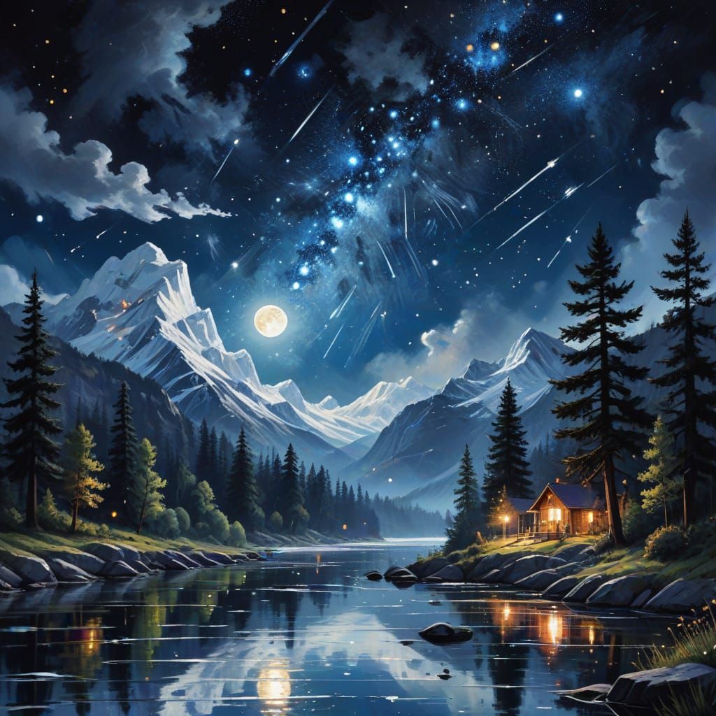 Starry River Sky Reflection in Gouache Style