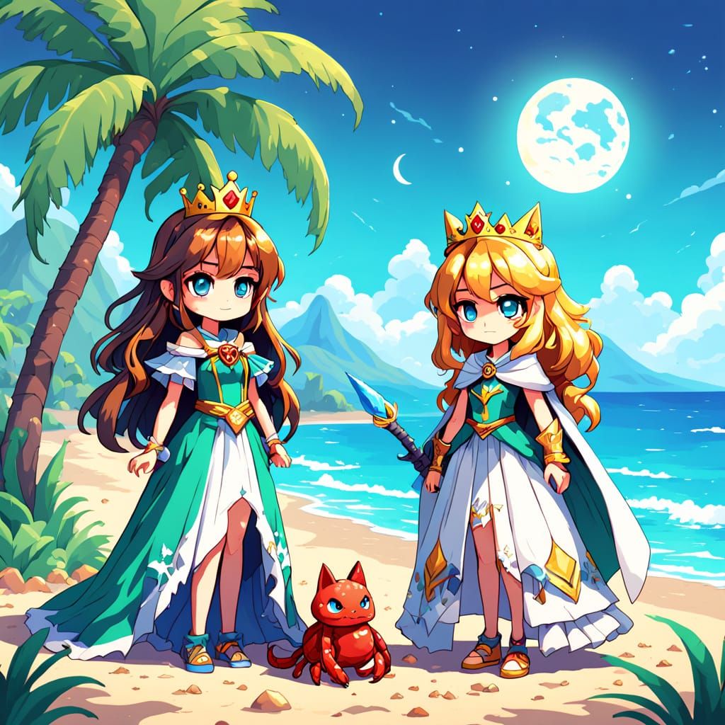 Pixel Art Princess and Sorceress on Tropical Beach
