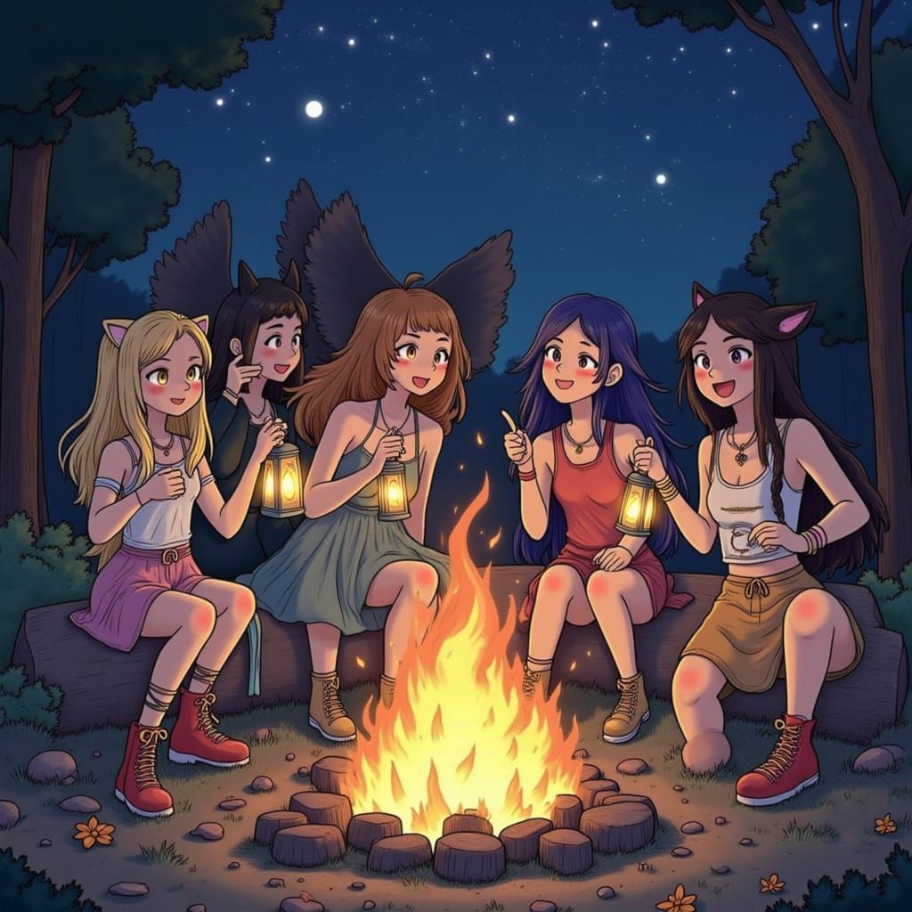 Teenage Girls Camping Party Under Starry Night Sky
