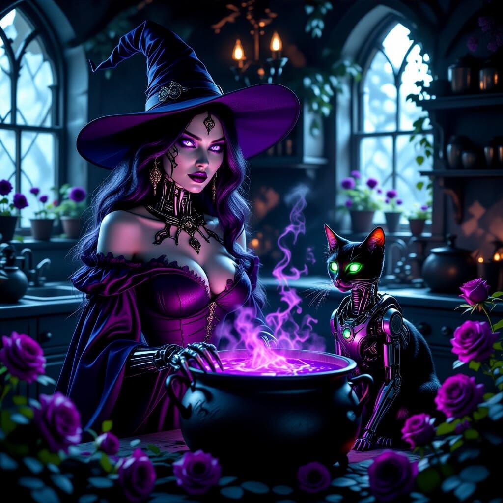 Witch with Mechanical Cat in Atmospheric Kitchen