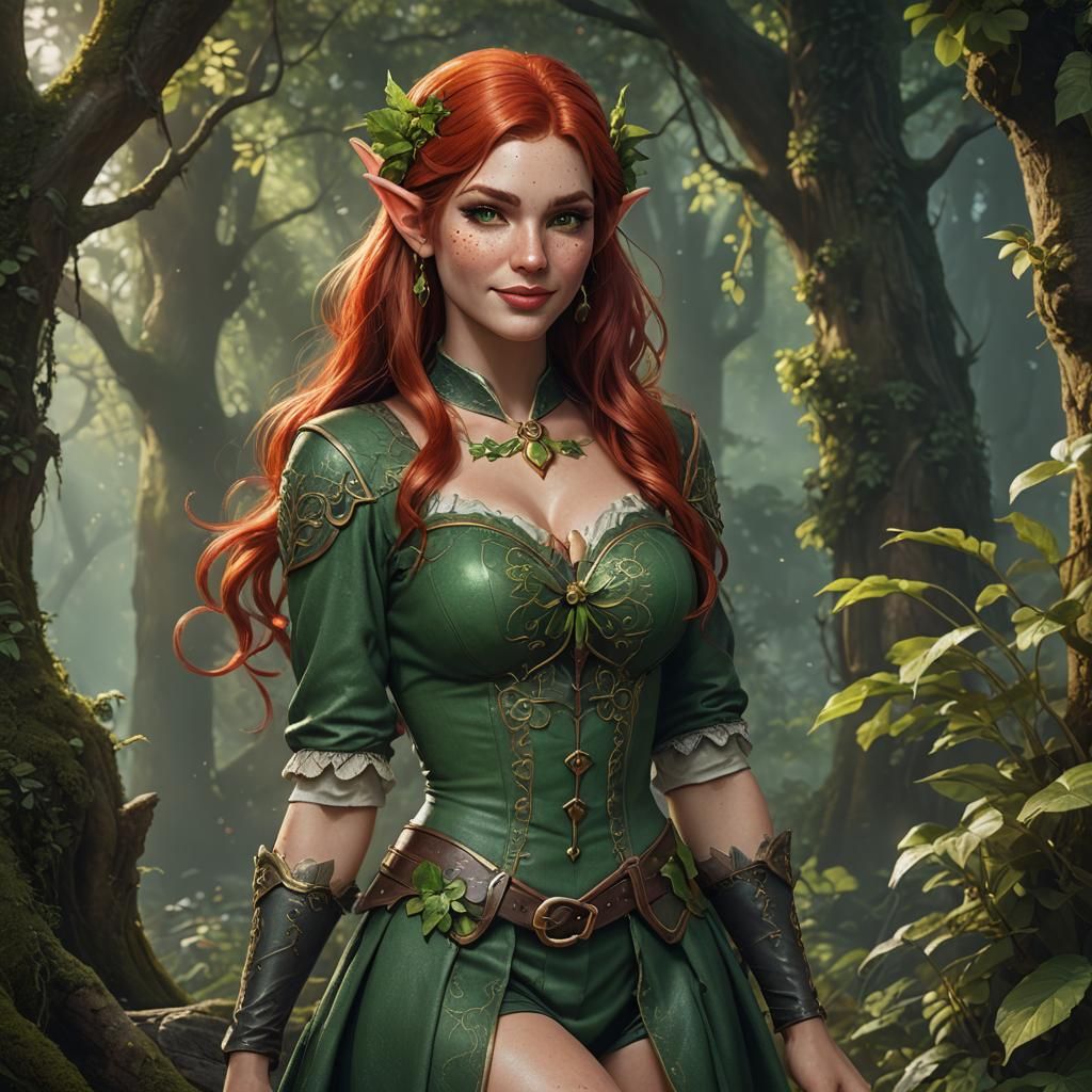 Pin-Up Elf with Red Hair in Fantasy Art Style