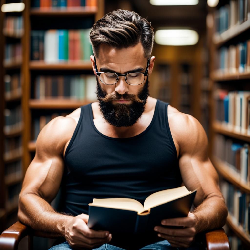 Attractive Bearded Man Reading in Library