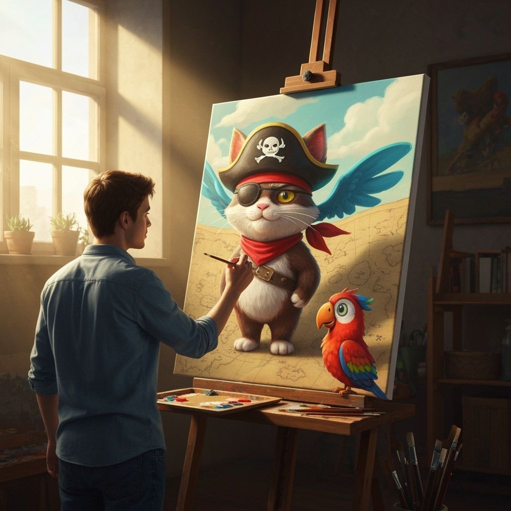 Pirate Cat Painted by Artist in Cartoon Style