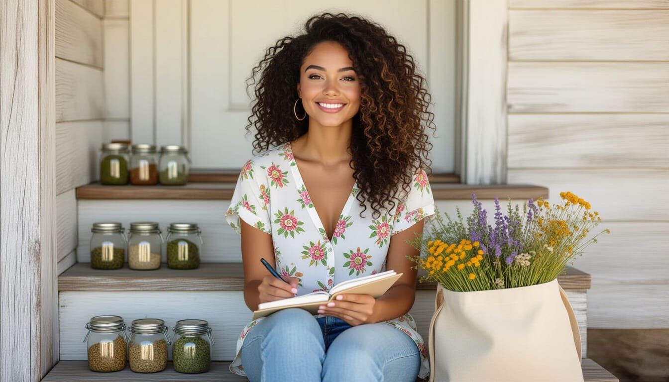 Cozy Woman on Porch Steps in Earthy Setting