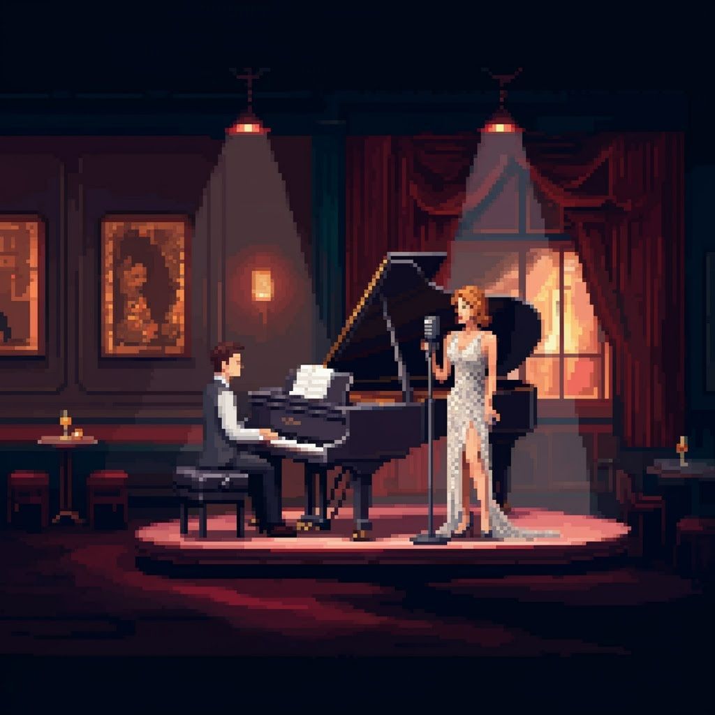 Glamorous Jazz Singer Performing in Pixel Art Bar