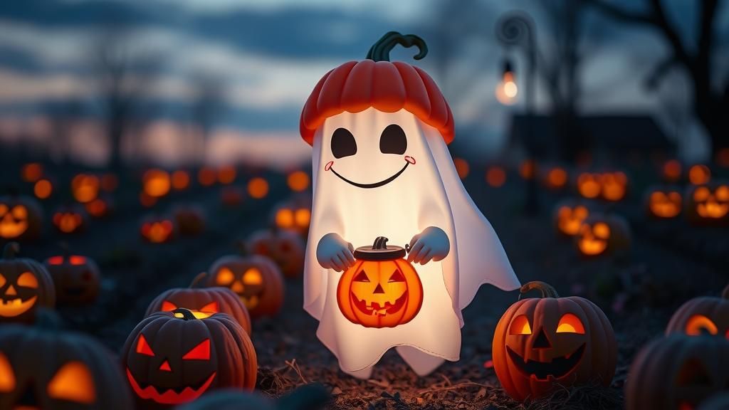 Adorable Phantom in a Pumpkin Patch at Dusk