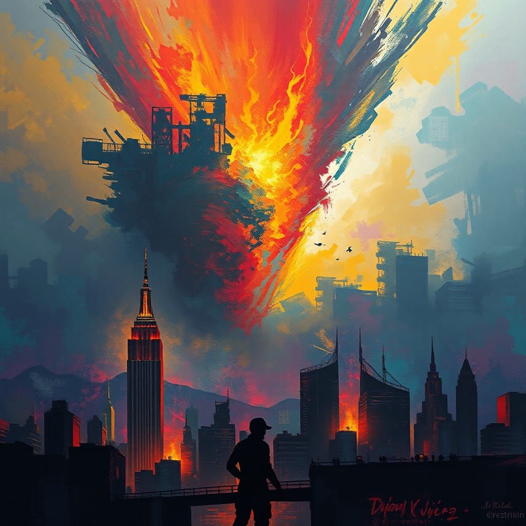 Apocalyptic Cityscape in Expressionist Batik Style