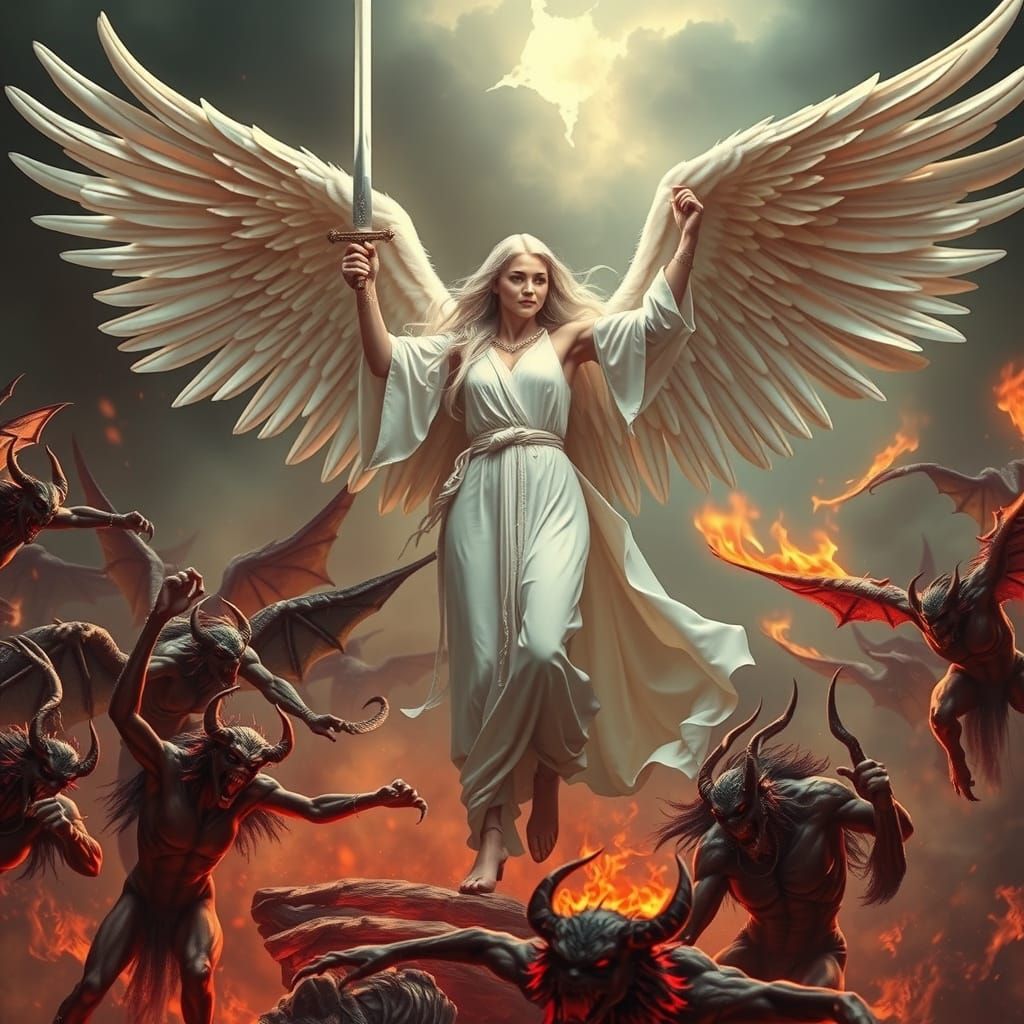 Angelic Warrior Pronouncing Victory in Hellscape