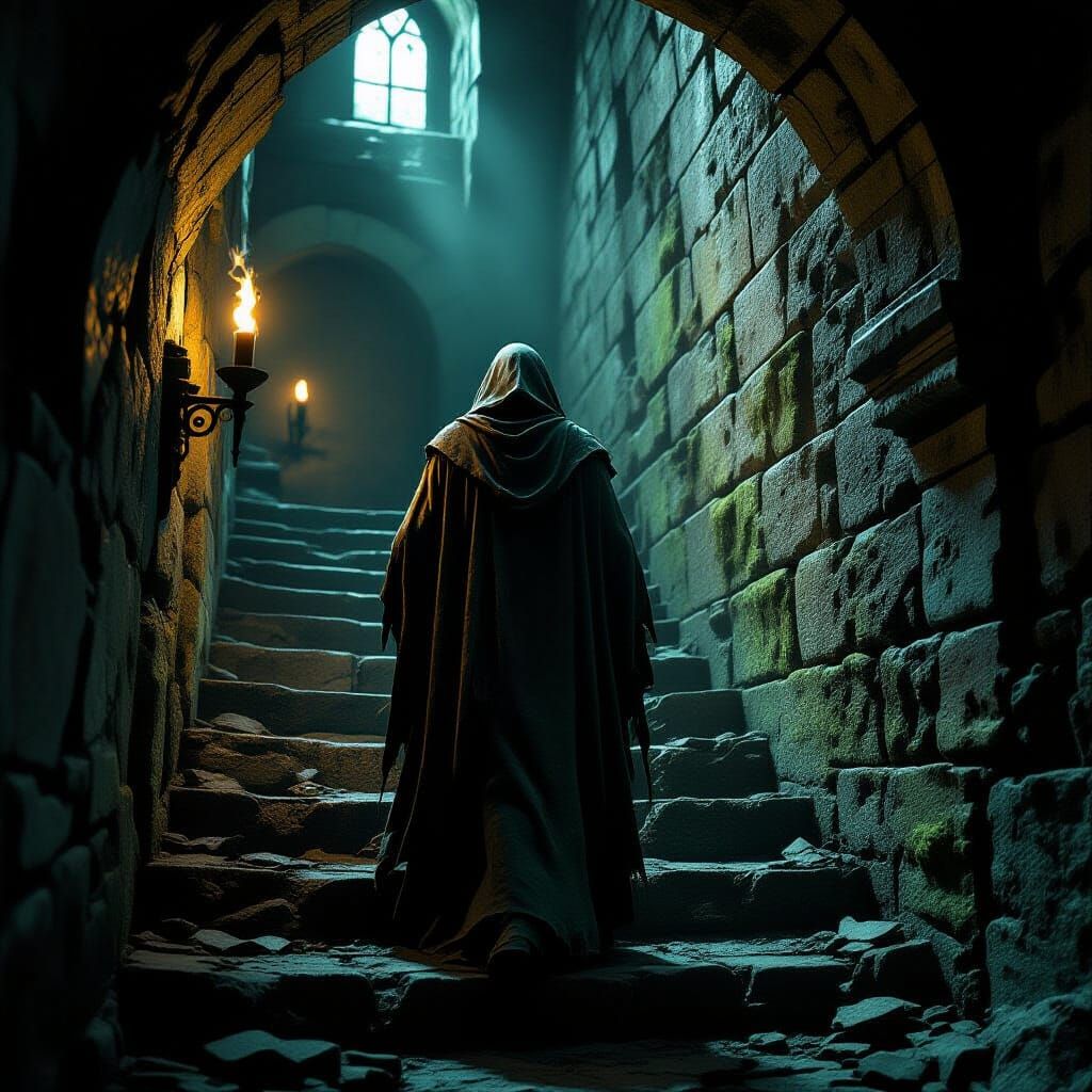 Figure Descends Dungeon Stairs in Dramatic Torchlight