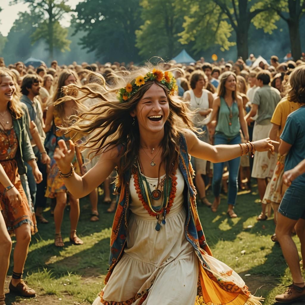 Hippy Girl Dancing at Woodstock: Cinematic Film Still