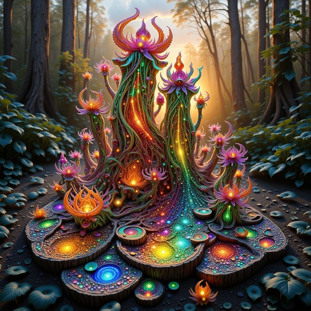 Mystical Forest Scene with Pagan Objects