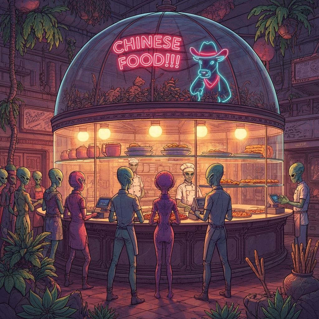 Aliens Try Chinese Food in Space: Cosmic Illustration