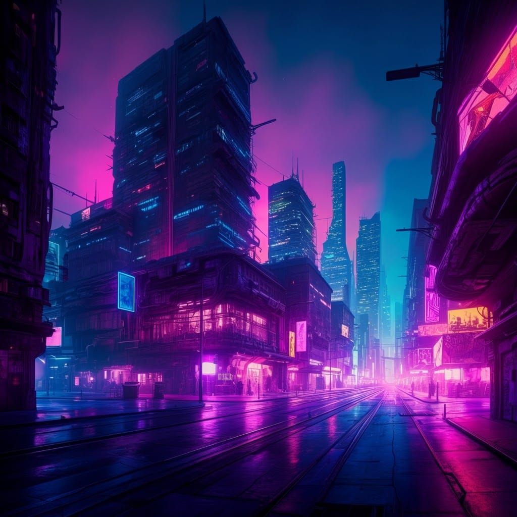 Cyberpunk Cityscape at Night in Dreamlike Style