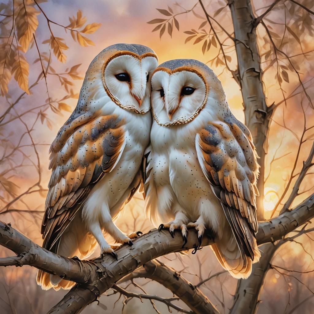 Barn Owl Couple Snuggling at Sunset
