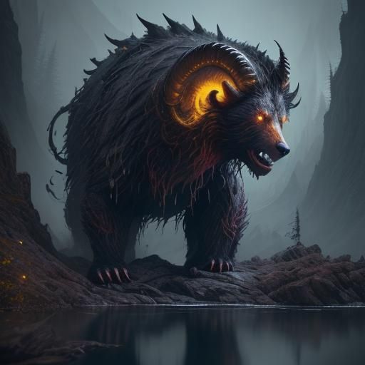 Demonic Bear-Ram Hybrid Rises from Mountain Lake