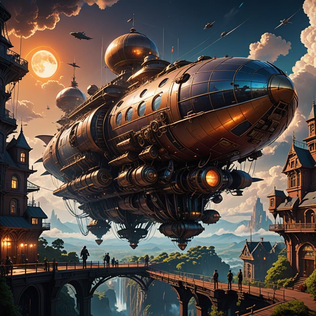 Steampunk Airship Docks at Floating Island City