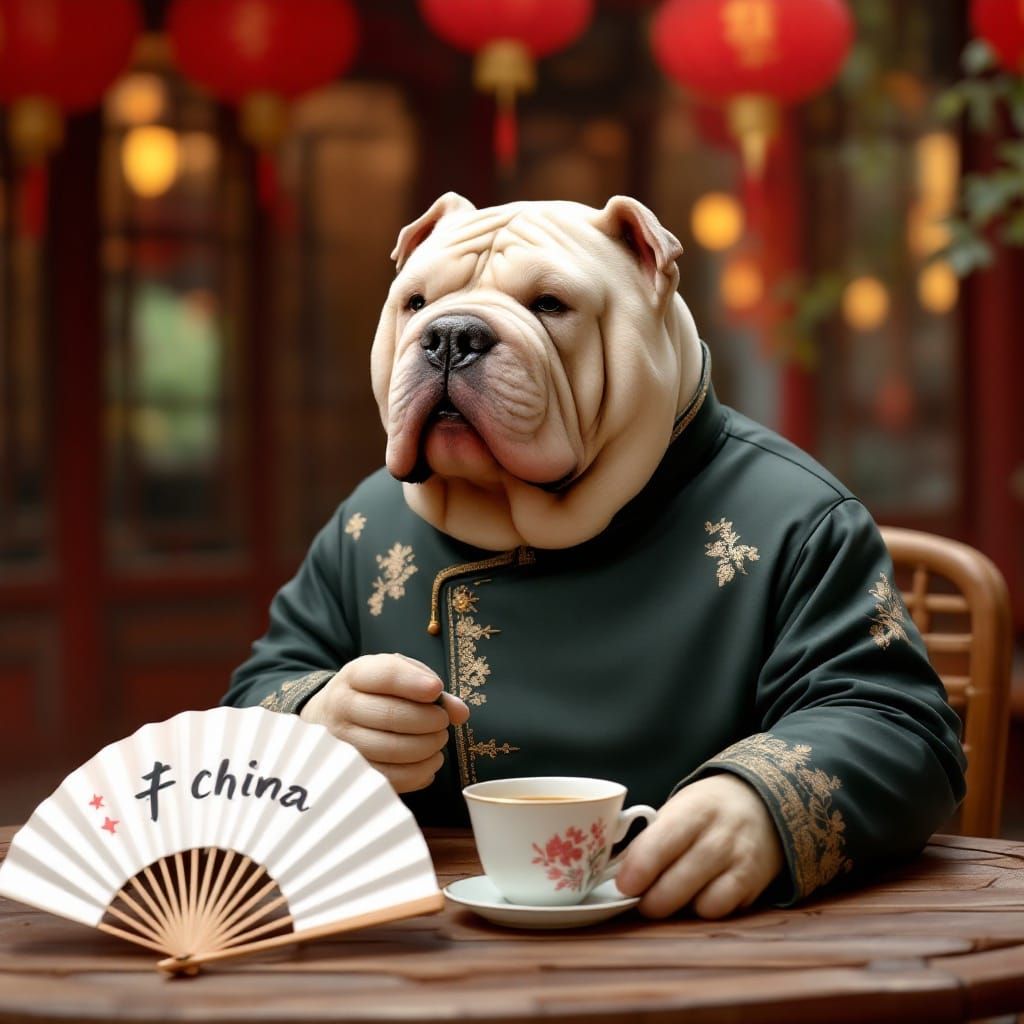 Semi-Anthropomorphic Shar Pei in Traditional Chinese Tea Hou...