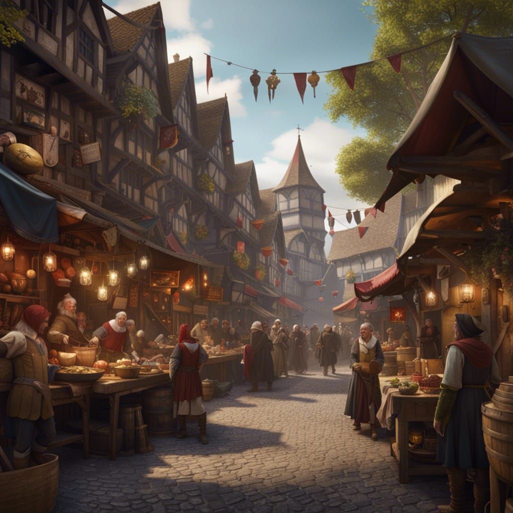Vibrant Medieval Market Festival in Detailed Matte Painting