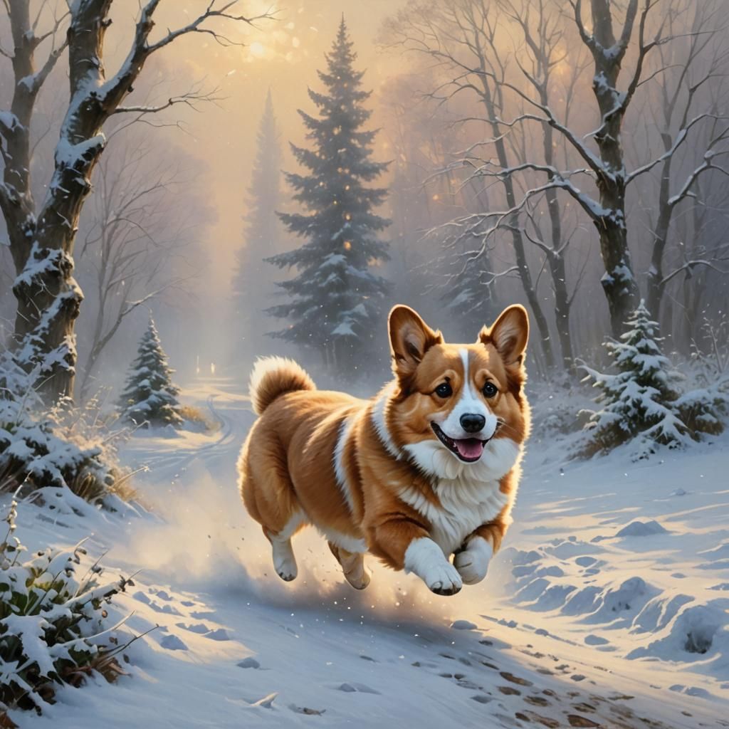 Welsh Corgi Runs in Snowy Fantasy Landscape