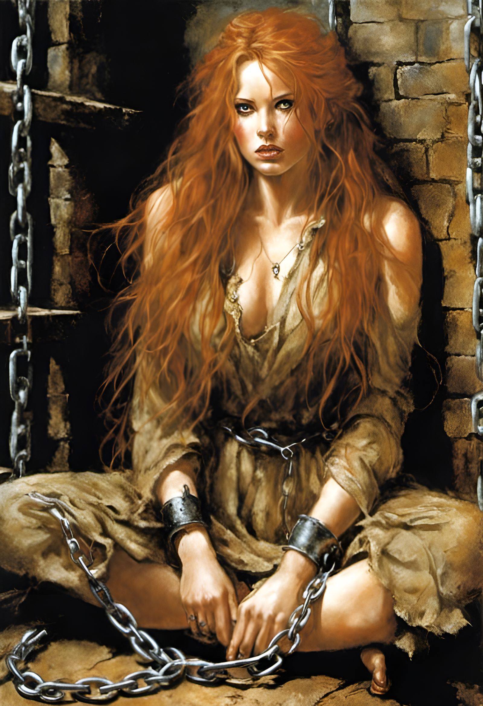 Imprisoned Ginger Woman in Dark Fantasy Style
