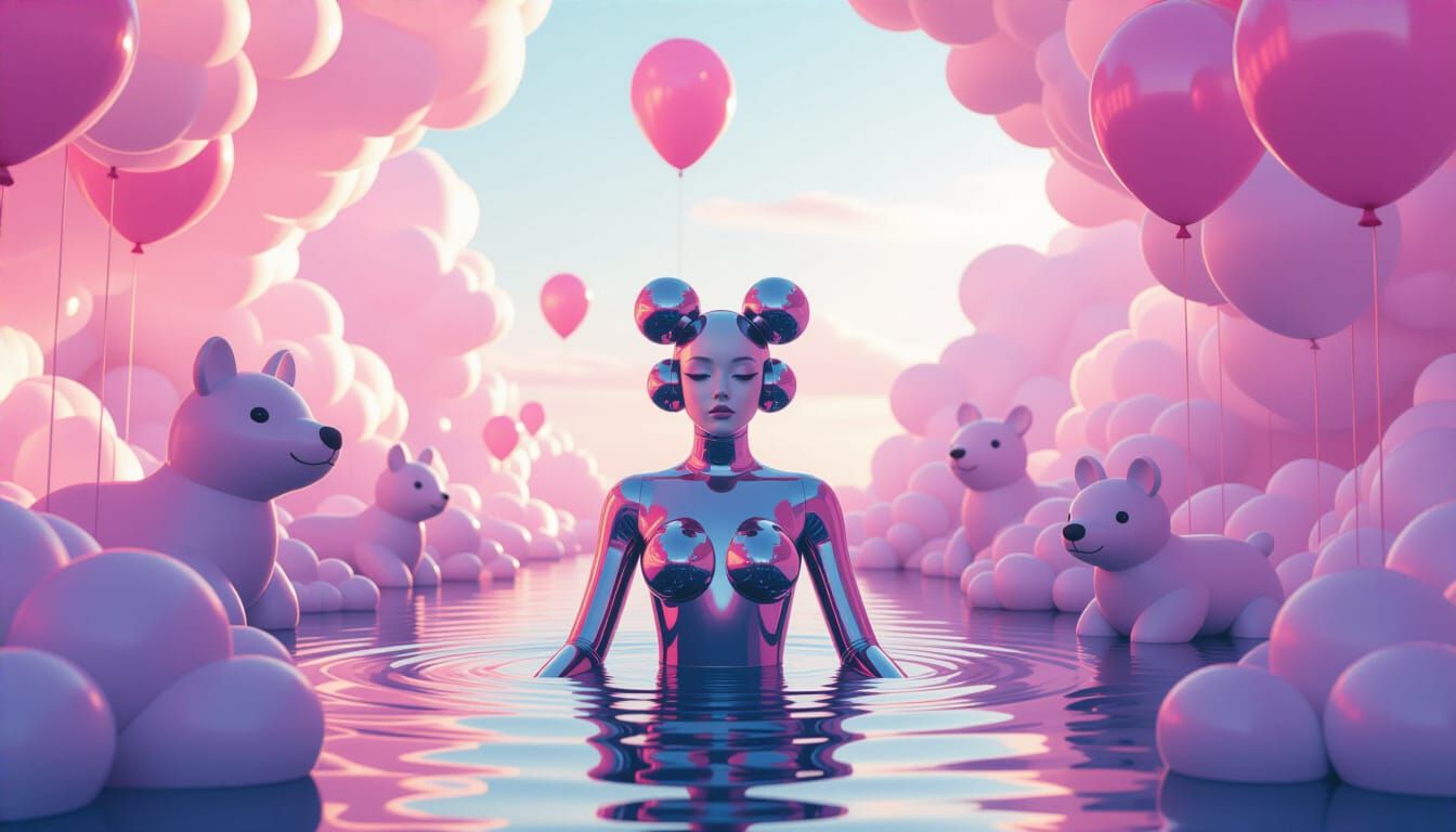 Surreal Balloon Temple with Synth Woman
