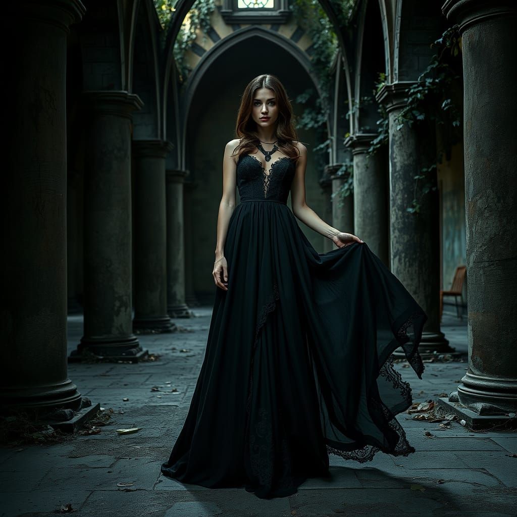 Gothic Woman in Abandoned Church
