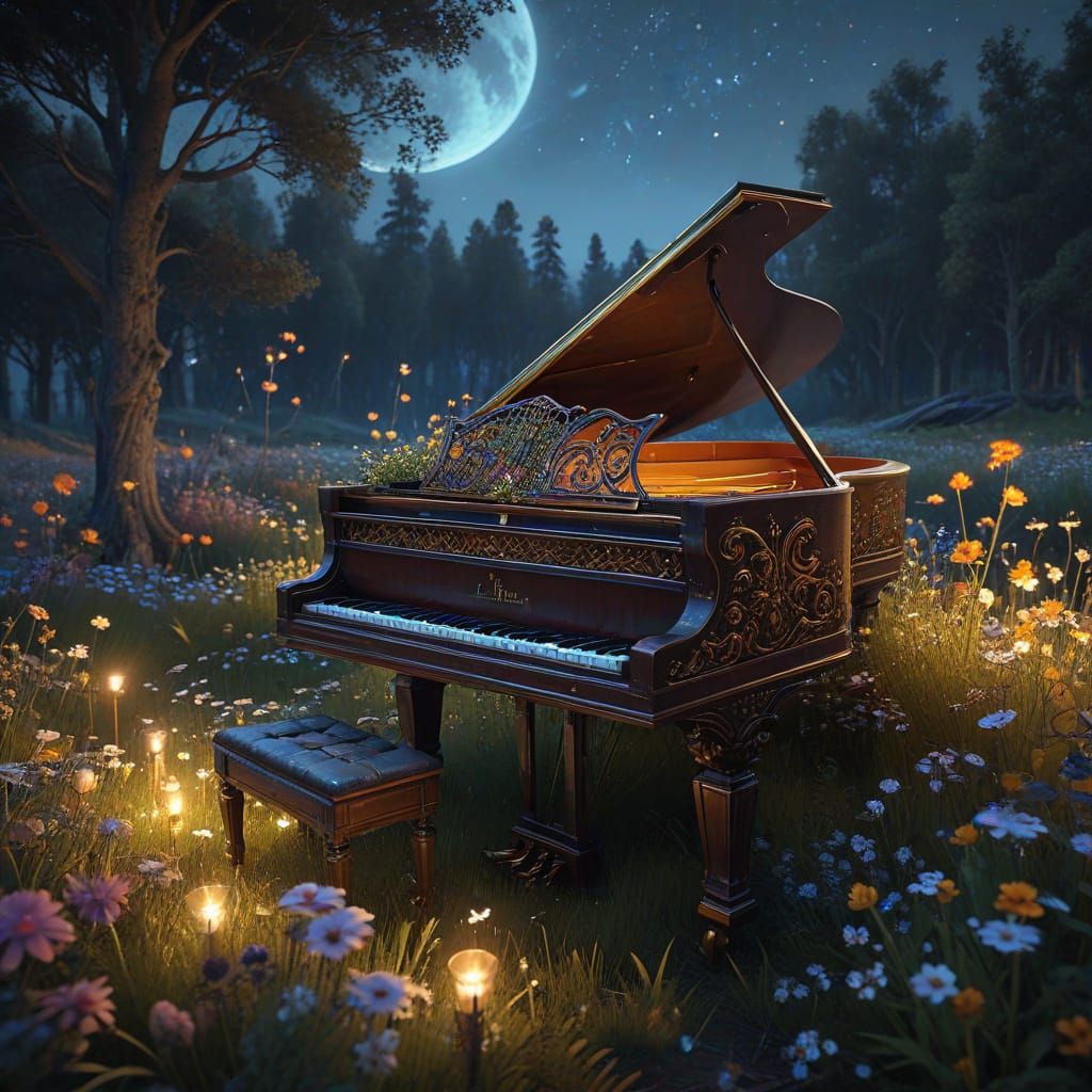 Ethereal Piano Concerto in a Vibrant Meadow at Night