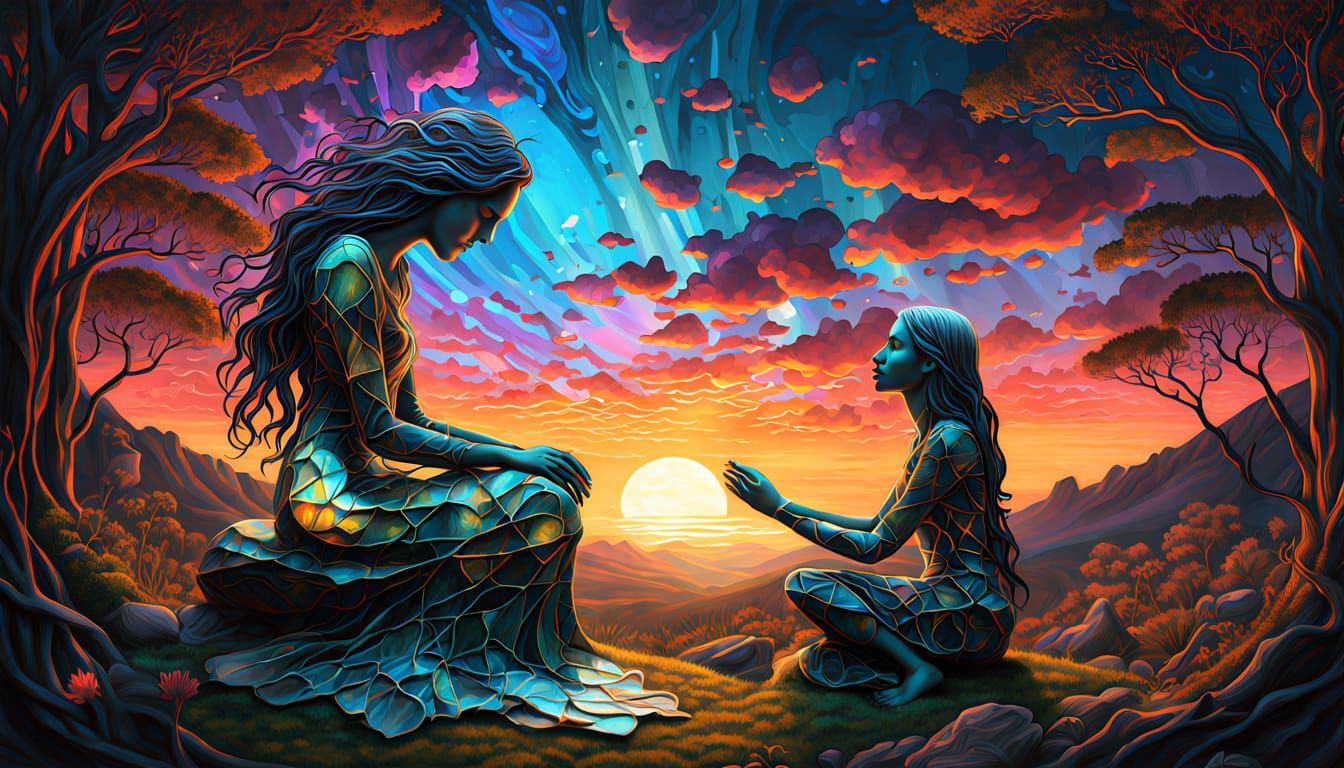 Surreal Fragmented Sculpture of Woman at Sunset