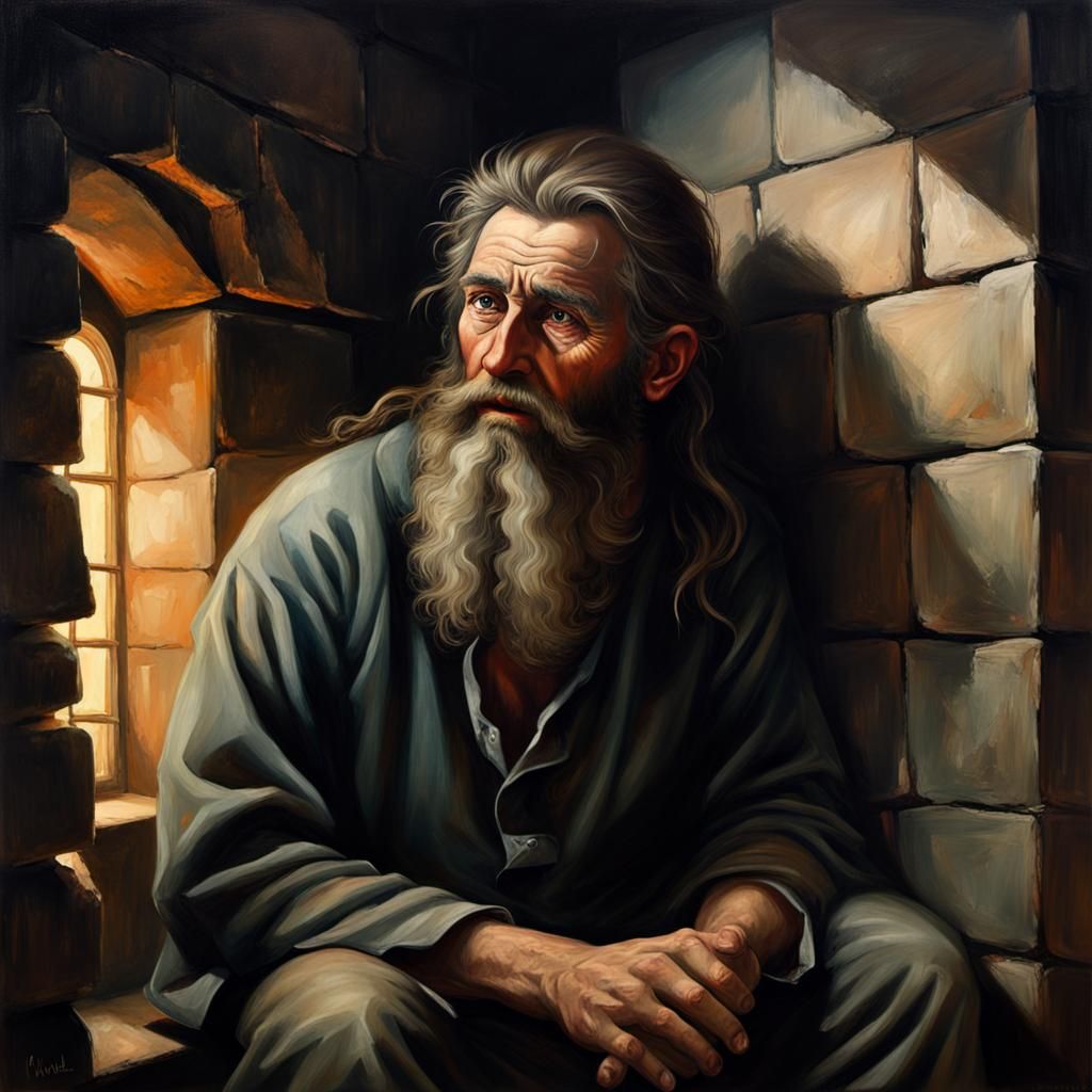 Haunting Oil Painting: Prisoner in Dimly Lit Cell