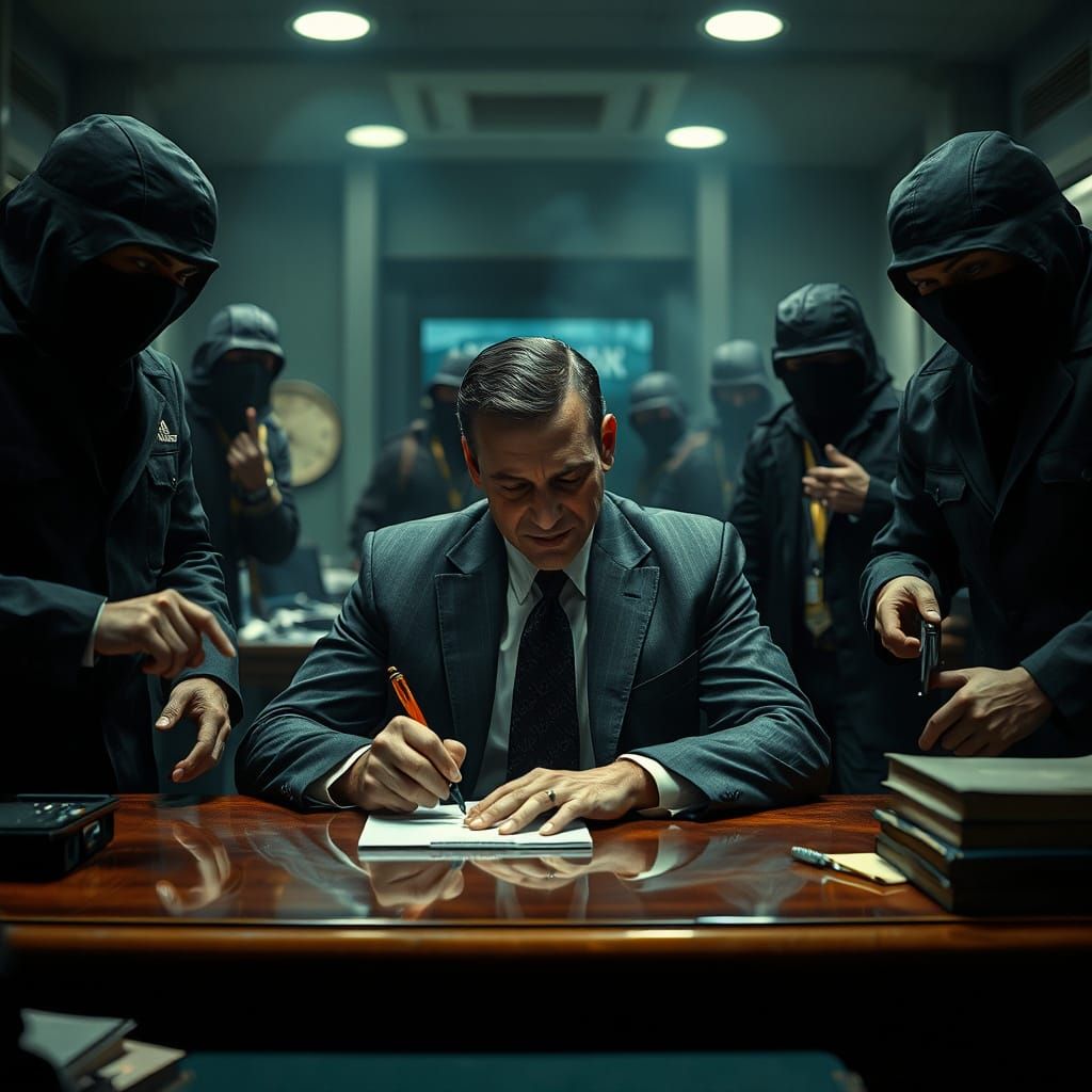 Chaotic Bank Robbery Scene in Gritty Realism