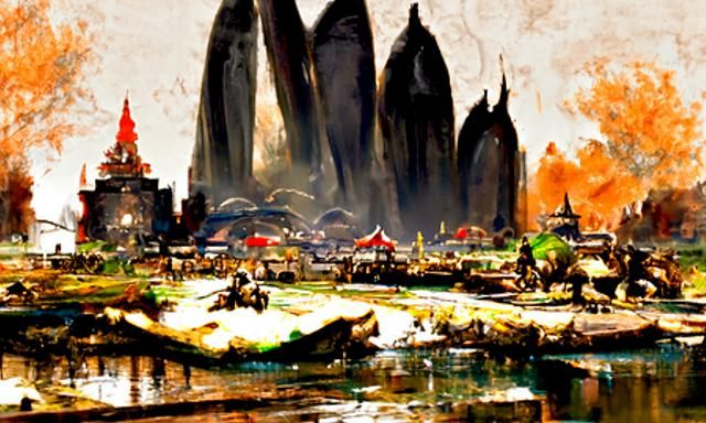 Fantasy City on Riverbank: Detailed Oil Painting
