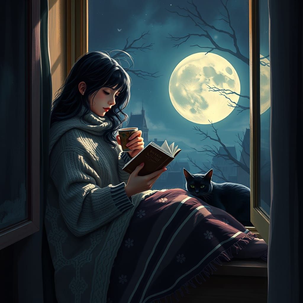 Cozy Fantasy Nighttime Scene in Dreamy Deep Colors