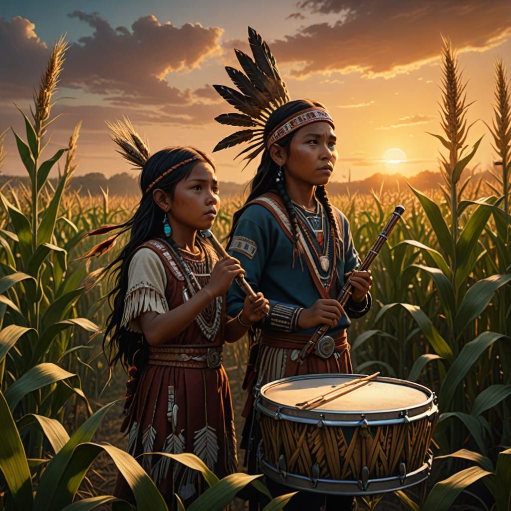 Native American Children in Sunlit Cornfield