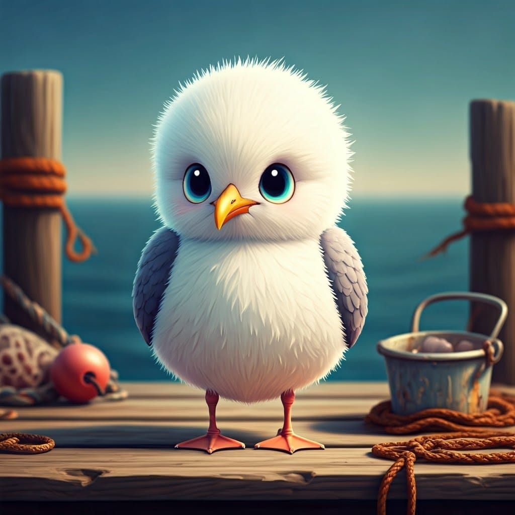 Whimsical Chibi Seagull on Weathered Pier