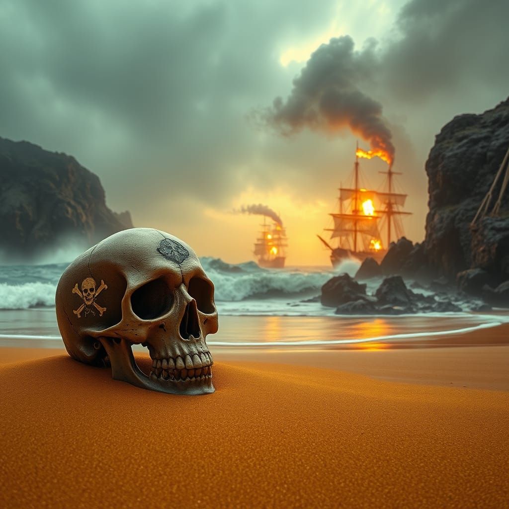Pirate Skull Amidst Epic Sea Battle in Golden Dawn Light