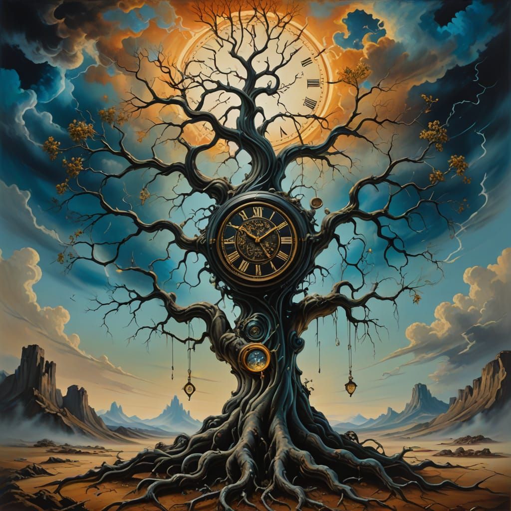 Surreal Tree of Life with Melting Clock in Vibrant Colors
