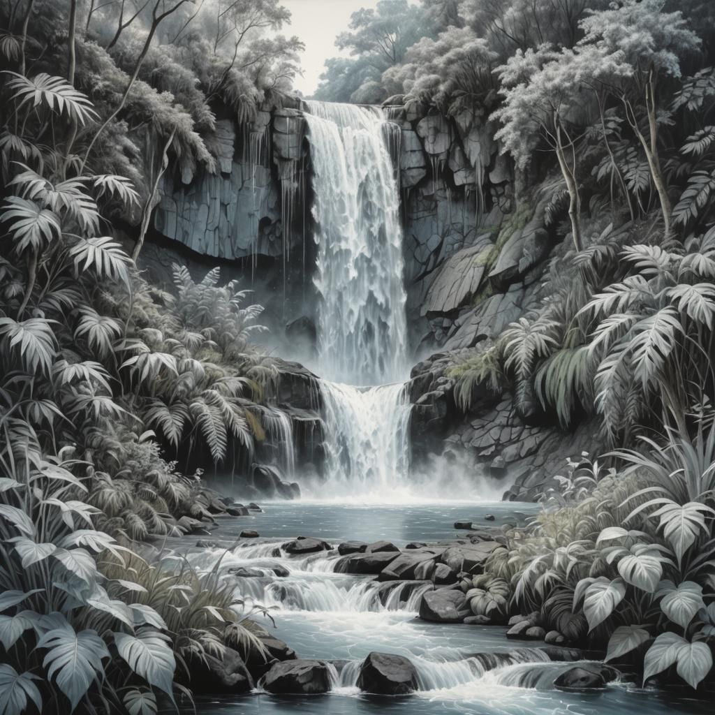 Detailed Charcoal Drawing of Light Blue Waterfall