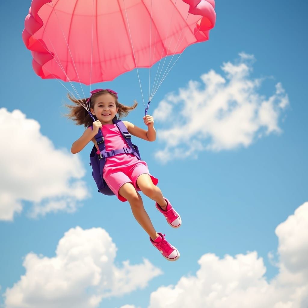 Girl Skydiving with Violet Parachute in Superflat Style
