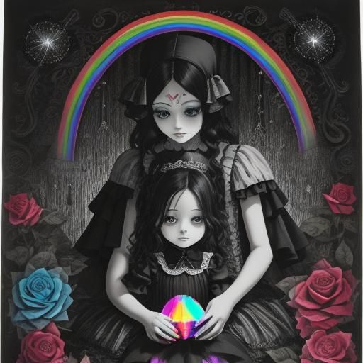 Surreal Crayon Drawing: Goth Mother and Child