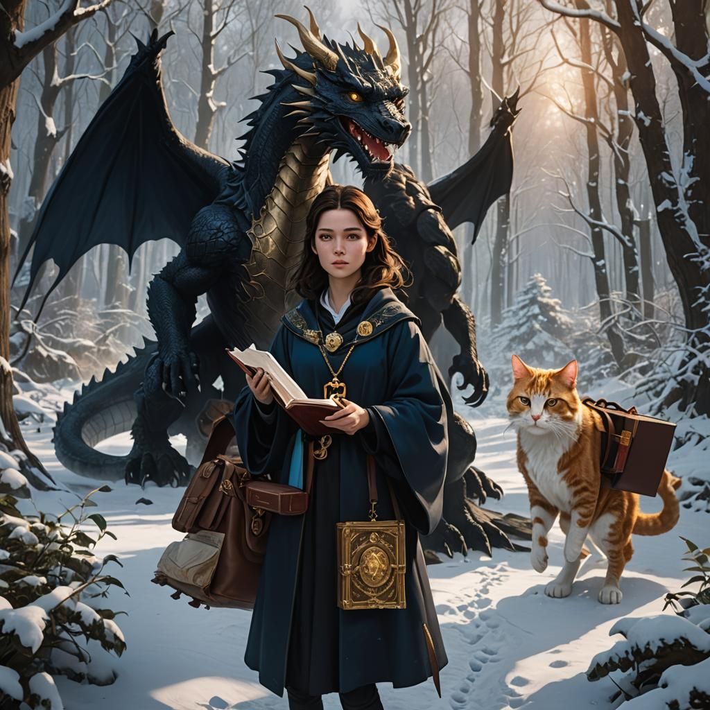 Girl with Dragon in Snowy Forest, Dark Fantasy Art