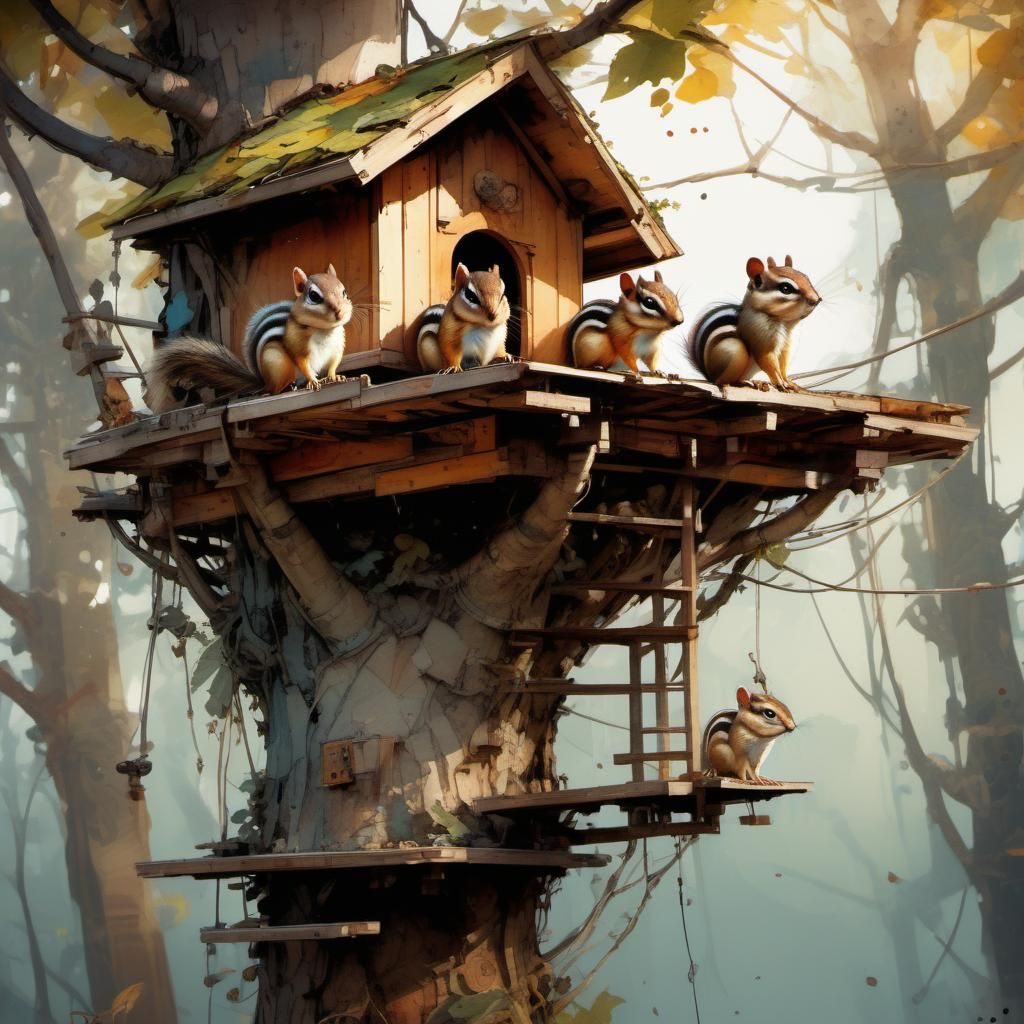 Chibi Chipmunks Relaxing in Detailed Watercolor Treehouse